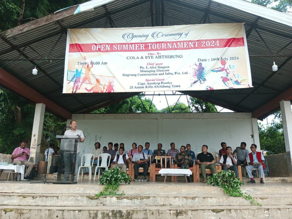 L Alex Singson, Managing Director Singvung Construction & Infra. Pvt. Ltd addresses the at opening ceremony of the inaugural summer open futsal & volleyball at Public Ground Ahthibung, Peren on July 16. (Photo Courtesy: KBAYD)